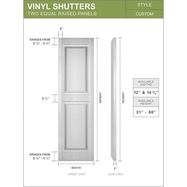Ekena Millwork Mid-America Vinyl, TailorMade Two Equal Panels, Raised Panel Shutters, P21450036, PR - P21450036