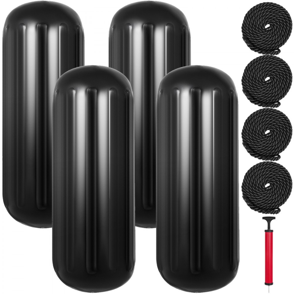 VEVOR Boat Fenders 10 x 28 inches, Vinyl Boat Fender Pack of 4, Ribbed Twin Eyes Boat Bumpers Black and Pump to Inflate - DNB10X28YCBHQHS01V0