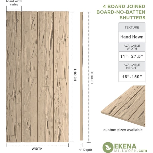 Ekena Millwork Rustic Four Board Joined Board-n-Batten Hand Hewn Faux Wood Shutters w/No Batten, 22W x 76H, PR - SHUBJN22X76HHPR
