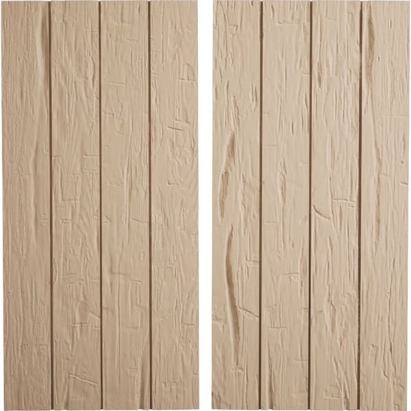 Ekena Millwork Rustic Four Board Joined Board-n-Batten Hand Hewn Faux Wood Shutters w/No Batten, 22W x 76H, PR - SHUBJN22X76HHPR
