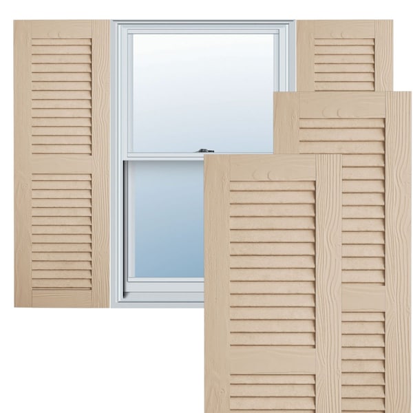 Ekena Millwork Rustic Two Equal Louver Sandblasted Faux Wood Shutters (Per Pair), Primed Tan, 15"W x 28"H - SHULV15X28SDPR