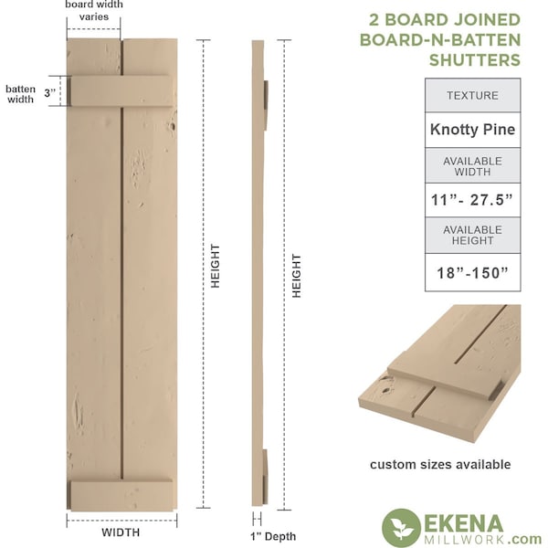 Ekena Millwork Rustic Two Board Joined Board-n-Batten Knotty Pine Faux Wood Shutters, 11W x 32H, PR - SHUBJS11X32KPPR
