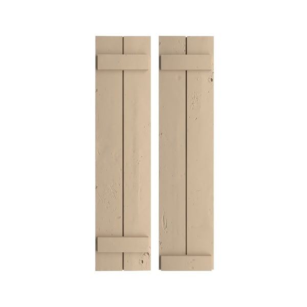 Ekena Millwork Rustic Two Board Joined Board-n-Batten Knotty Pine Faux Wood Shutters, 11W x 32H, PR - SHUBJS11X32KPPR