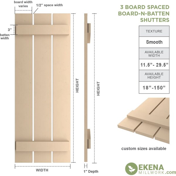 Ekena Millwork Rustic Three Board Spaced Board-n-Batten Smooth Faux Wood Shutters, 17 1/2W x 48H, PR - SHUBSS17X48SMPR