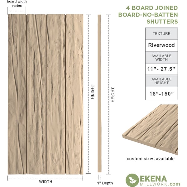 Ekena Millwork Rustic Four Board Joined Board-n-Batten Riverwood Faux Wood Shutters w/No Batten, 22W x 26H, PR - SHUBJN22X26RWPR
