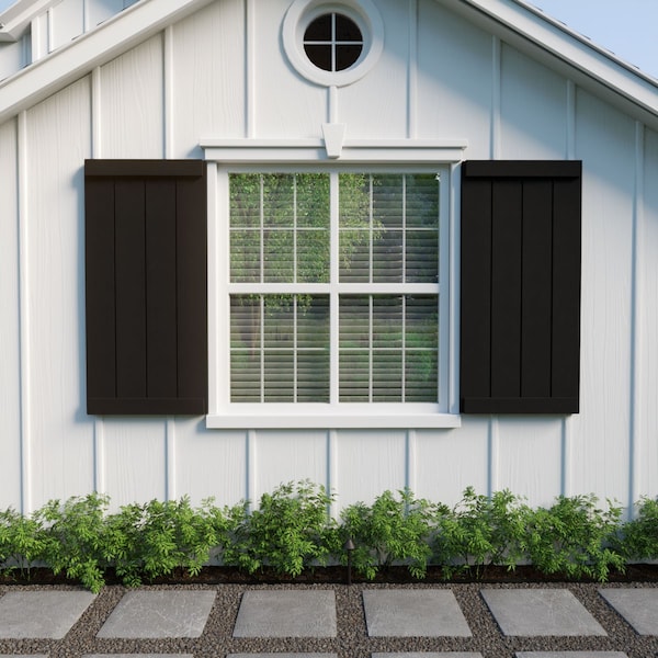 Ekena Millwork Rustic Four Board Joined Board-n-Batten Rough Cedar Faux Wood Shutters w/End Batten, 22W x 80H, PR - SHUBJE22X80RCPR