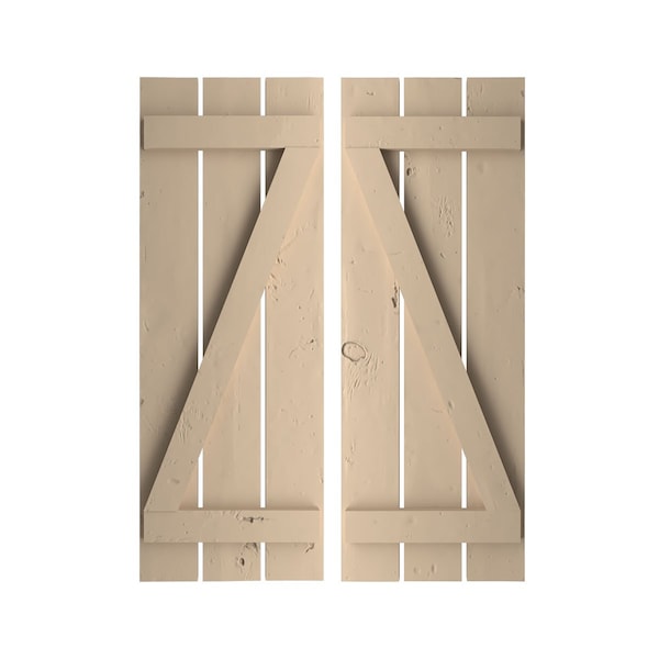 Ekena Millwork Rustic Three Board Spaced Board-n-Batten Knotty Pine Faux Wood Shutters w/Z-Board, 17 1/2W x 32H, PR - SHUBSZ17X32KPPR