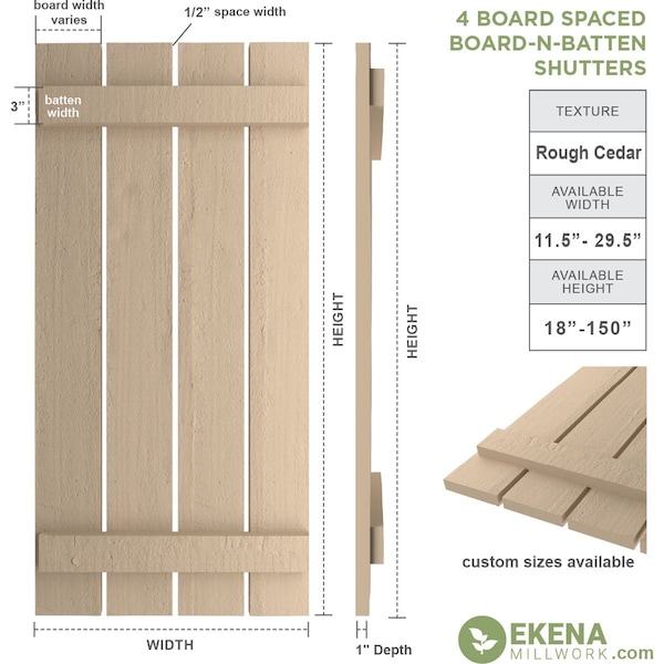 Ekena Millwork Rustic Four Board Spaced Board-n-Batten Rough Cedar Faux Wood Shutters, 23 1/2W x 72H, PR - SHUBSS23X72RCPR