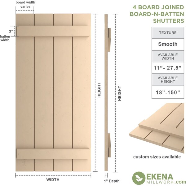 Ekena Millwork Rustic Four Board Joined Board-n-Batten Smooth Faux Wood Shutters (Per Pair), Primed Tan, 22"Wx52"H - SHUBJS22X52SMPR
