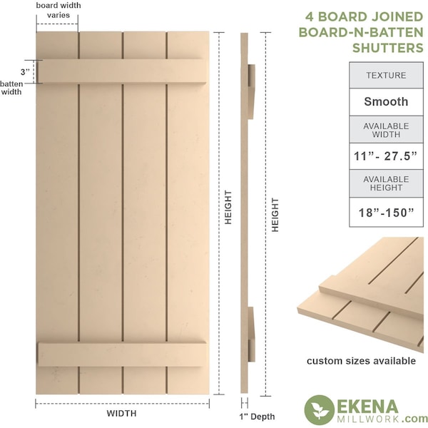 Ekena Millwork Rustic Four Board Joined Board-n-Batten Smooth Faux Wood Shutters (Per Pair), Primed Tan, 22"Wx52"H - SHUBJS22X52SMPR