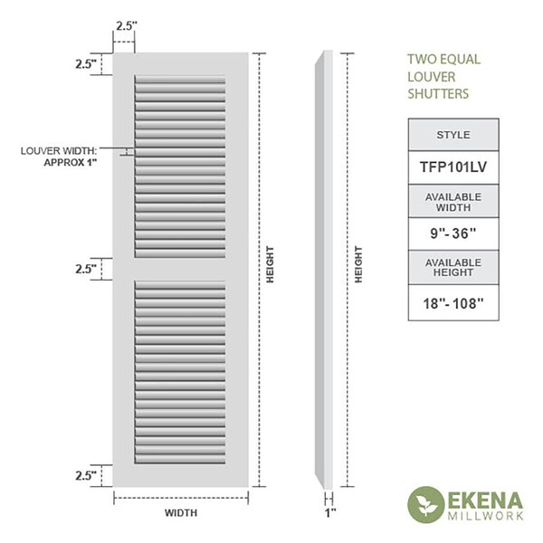 Ekena Millwork True Fit PVC Two Equal Louver Shutters, Unfinished, 15W x 51H, PR - TFP101LVF15X051UN