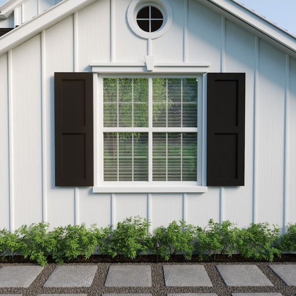 Ekena Millwork Rustic Two Equal Panel Flat Panel Smooth Faux Wood Shutters (Per Pair), Primed Tan, 15"W x 82"H - SHUFP15X82SMPR