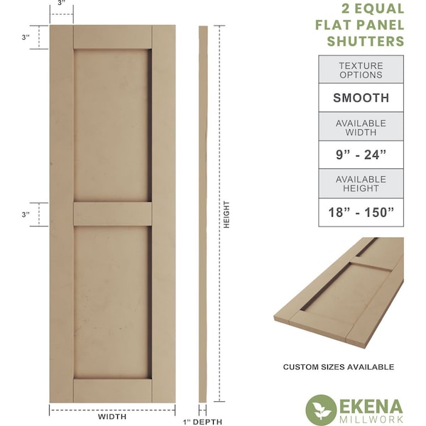 Ekena Millwork Rustic Two Equal Panel Flat Panel Smooth Faux Wood Shutters (Per Pair), Primed Tan, 15"W x 82"H - SHUFP15X82SMPR