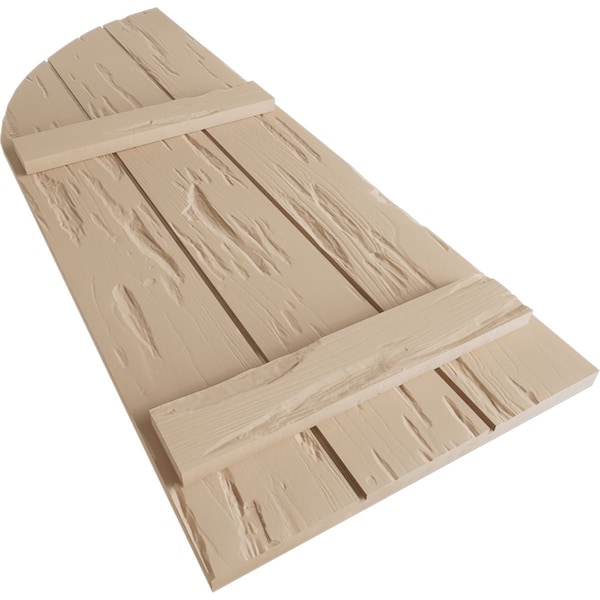 Ekena Millwork Pecky Cypress Joined Board-n-Batten w/Quarter Round Arch Top Faux Wood Shutters, 16.5"W x 38"H - SHUBJQ16X38PCPR