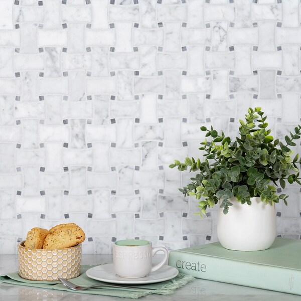 Apollo Tile Sample, Carrara & Bardiglio Basket Weave 12"x12" Marble Mosaic Tile - APLSE99B10EC45 SAMPLE