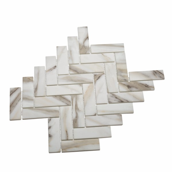 Apollo Tile Sample, Beige & White Herringbone 11"X12.6" Recycled Glass Mosaic Tile - APLNNC9903CLEC34 SAMPLE