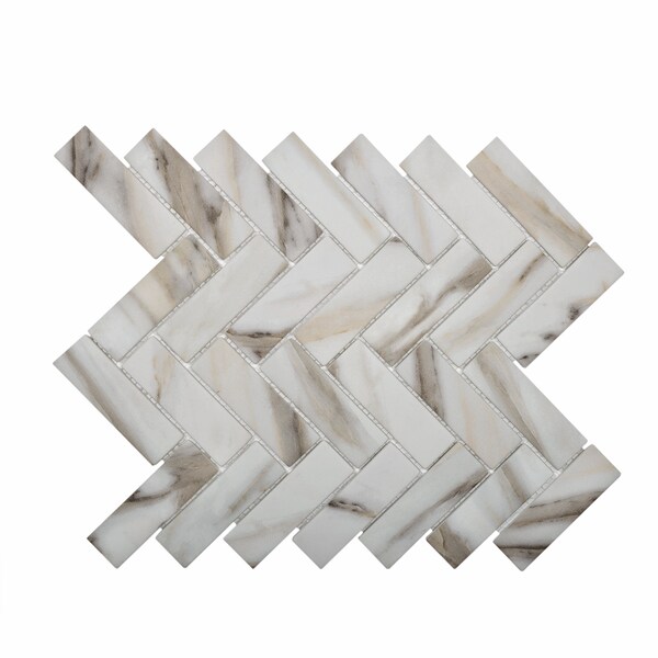 Apollo Tile Sample, Beige & White Herringbone 11"X12.6" Recycled Glass Mosaic Tile - APLNNC9903CLEC34 SAMPLE