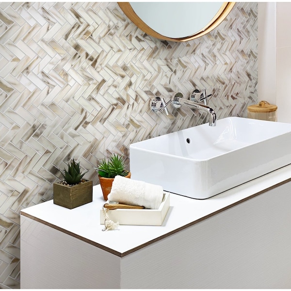 Apollo Tile Bge & Wht Herringbone 9.63sq.ft 11 in. X12.6 in. Recycled Glass Mosaic Tile, 10PK - APLNNC9903CLEC34