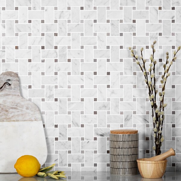 Apollo Tile Sample, White Basket Weave W/Beige Dots 12"X12" Carrara Mrbl Msic Tile - APLKB99B03GEC22 SAMPLE