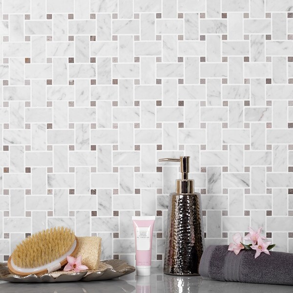 Apollo Tile Sample, White Basket Weave W/Beige Dots 12"X12" Carrara Mrbl Msic Tile - APLKB99B03GEC22 SAMPLE