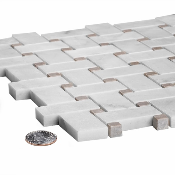 Apollo Tile Sample, White Basket Weave W/Beige Dots 12"X12" Carrara Mrbl Msic Tile - APLKB99B03GEC22 SAMPLE