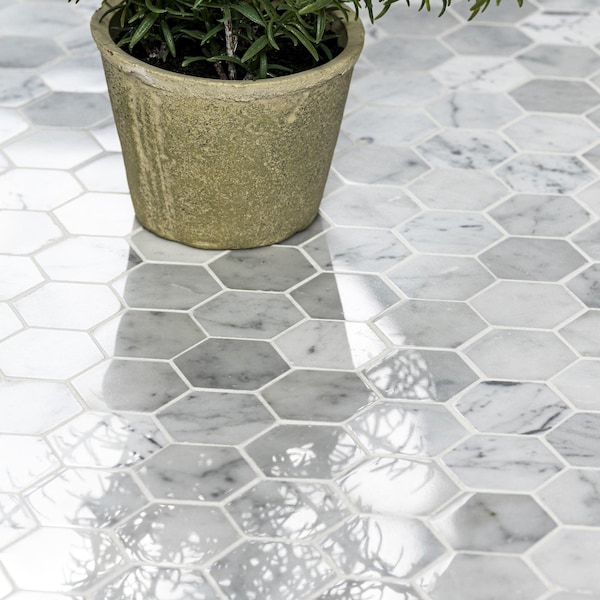 Msi Carrara White Hexagon SAMPLE Polished Marble Mesh-Mounted Mosaic Floor And Wall Tile - ZOR-MD-0437-SAM