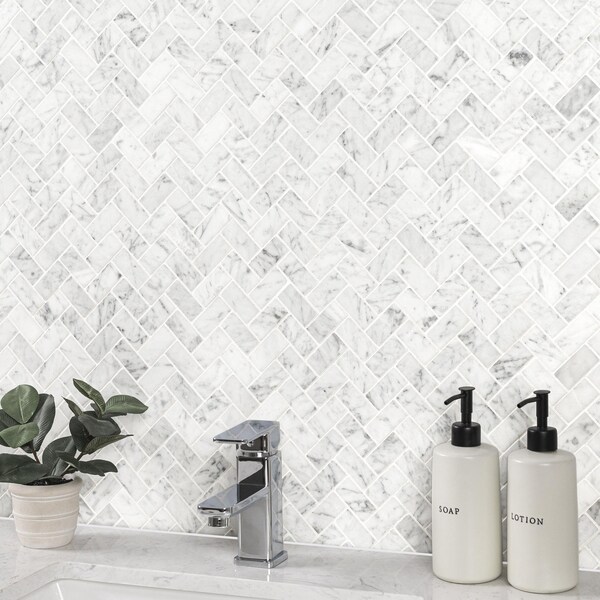 Msi Carrara White Herringbone Honed SAMPLE Marble Mesh-Mounted Mosaic Tile - ZOR-MD-0340-SAM