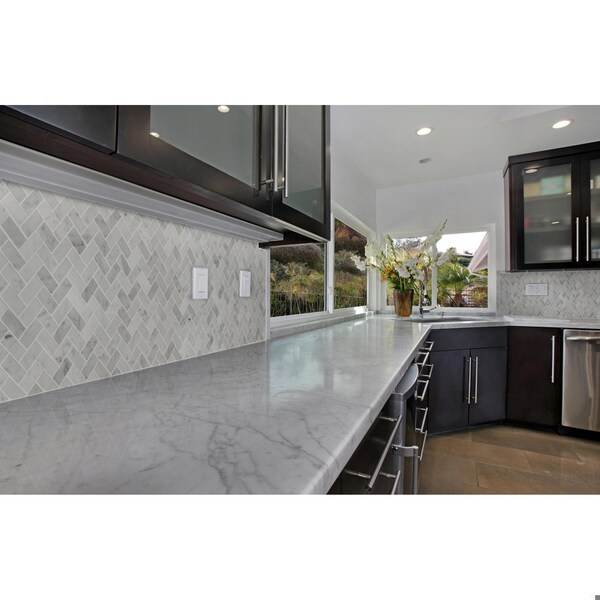 Msi Carrara White Herringbone Honed SAMPLE Marble Mesh-Mounted Mosaic Tile - ZOR-MD-0340-SAM