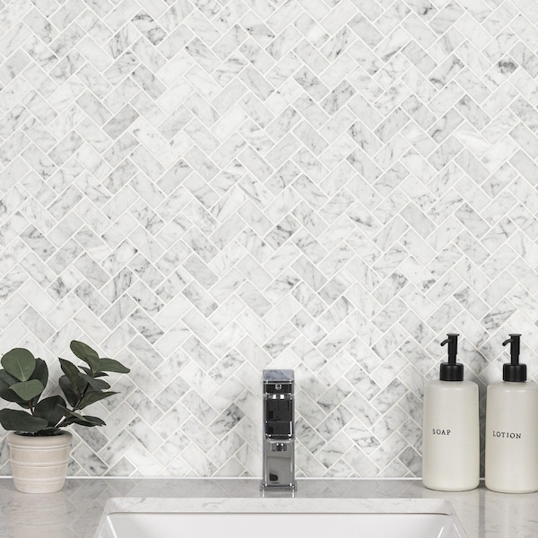 Msi Carrara White Herringbone Honed SAMPLE Marble Mesh-Mounted Mosaic Tile - ZOR-MD-0340-SAM
