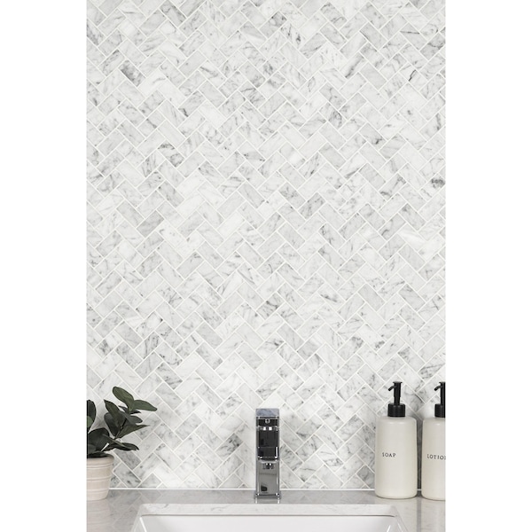 Msi Carrara White Herringbone Honed SAMPLE Marble Mesh-Mounted Mosaic Tile - ZOR-MD-0340-SAM