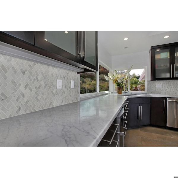 Msi Carrara White Herringbone Honed SAMPLE Marble Mesh-Mounted Mosaic Tile - ZOR-MD-0340-SAM