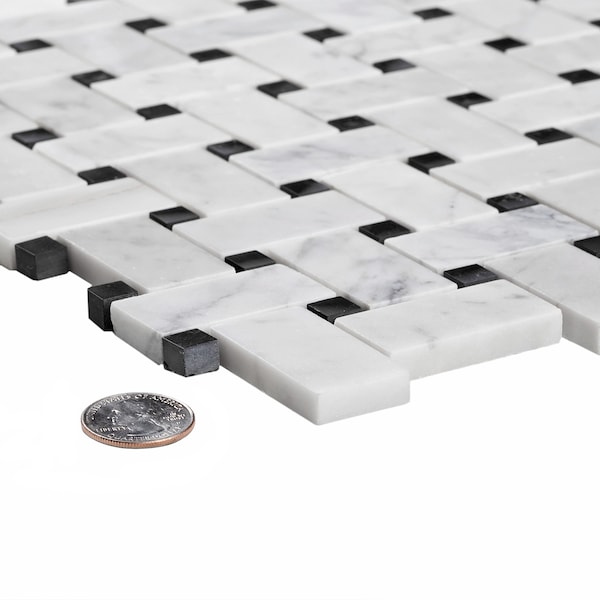 Apollo Tile Sample, Carrara White Basket Weave W/Black Dots 12"X12" Mrbl Msic Tile - APLKB99B04GEC23 SAMPLE