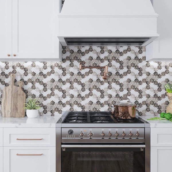 Apollo Tile White And Brown Flower 4.46 sq.ft 10.7 in. x12 in. Marble Mosaic Tile, 5PK - APLSV99F02EC40