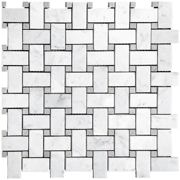 Apollo Tile White Bskt Weave W/Beige Dots 5 sq.ft 12 in. X12 in. Carrara Mrbl Msic Tile, 5PK - APLKB99B03GEC22