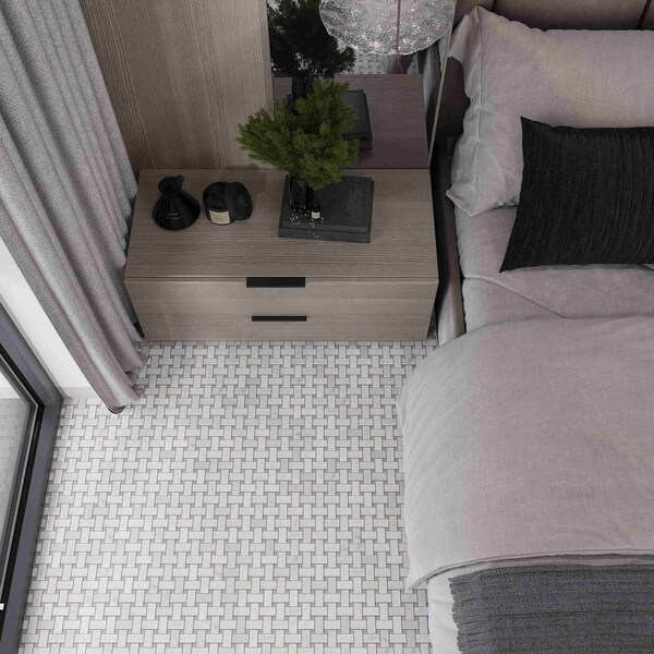 Apollo Tile White Bskt Weave W/Beige Dots 5 sq.ft 12 in. X12 in. Carrara Mrbl Msic Tile, 5PK - APLKB99B03GEC22