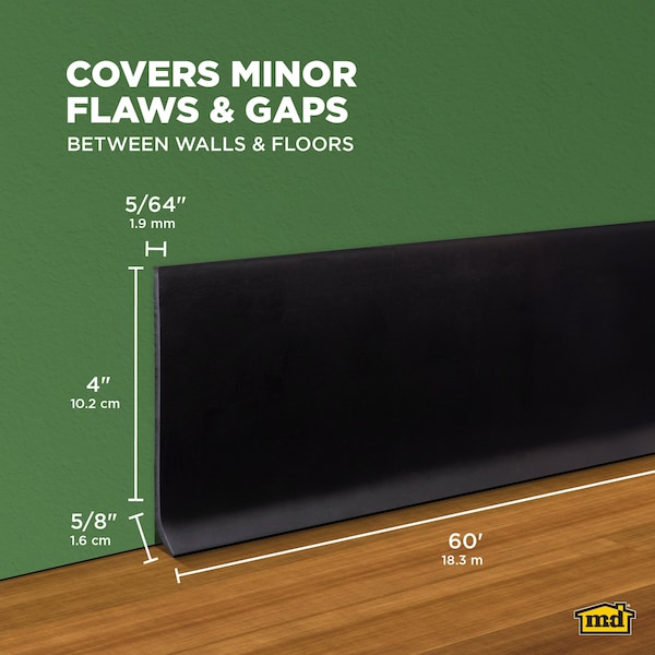 Zoro Select Wall Base Molding, PVC Vinyl, Black, 720 in L, 4 in H - 2RRW9