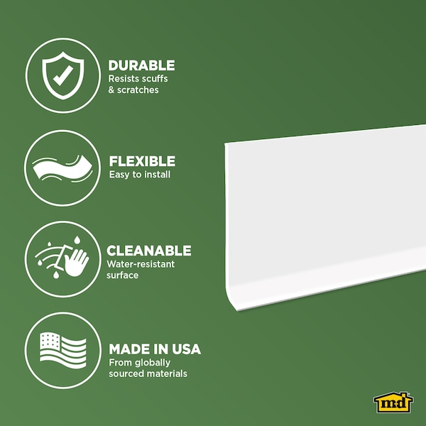 Zoro Select Wall Base Molding, PVC Vinyl, White, 48 in L, 4 in H - 5MFJ9