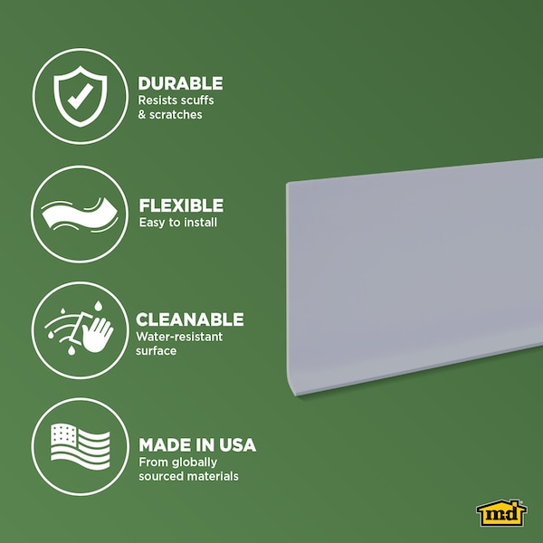 Zoro Select Wall Base Molding, PVC Vinyl, Gray, 48 in L, 4 in H - 5MFK0
