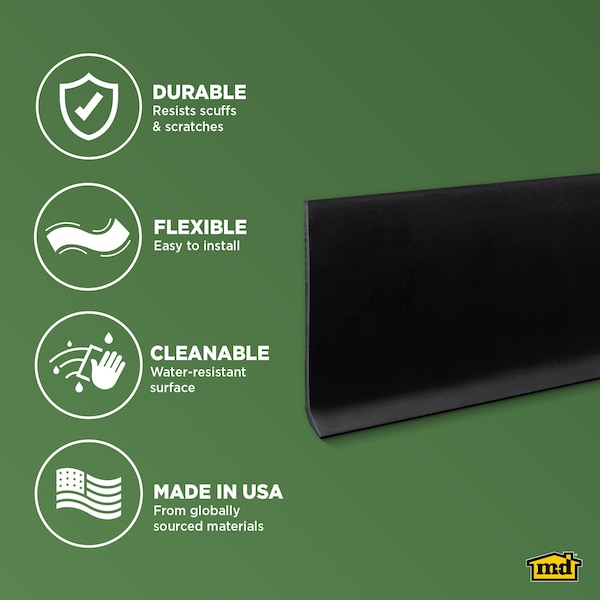 Zoro Select Wall Base Molding, PVC Vinyl, Black, 48 in L, 4 in H - 5MFJ6