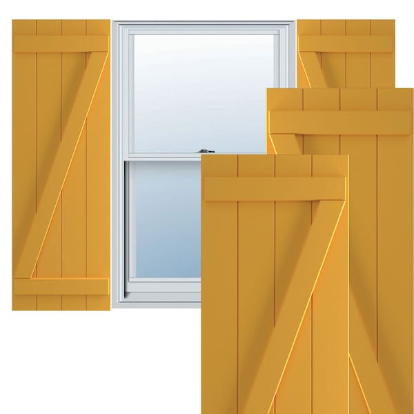 Ekena Millwork True Fit PVC, Four Board Joined Board-n-Batten Shutters w/Z-Bar, Turmeric , 21 1/2W x 70H, PR - TFP102BBF21X070TU