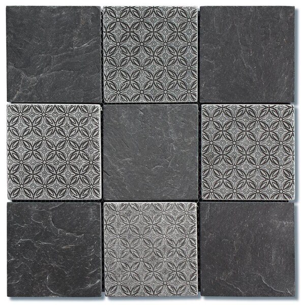 Intrend Tile 4 x 4 in Classic Deco Square Mosaic Blend Black Slate - LS008S