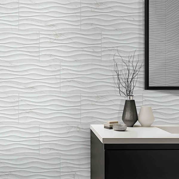 Msi Dymo Calacatta Wavy White 12in X 24in Glossy Ceramic Wall Tile, 8PK - ZOR-PT-0880