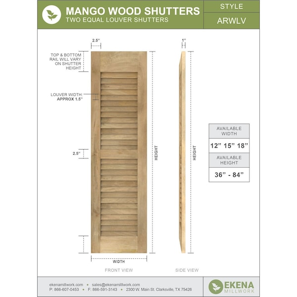 Ekena Millwork 18W x 71H Americraft Two Equal Louver Exterior Real Wood Shutters, Black, PR - RW101LV18X71BLH