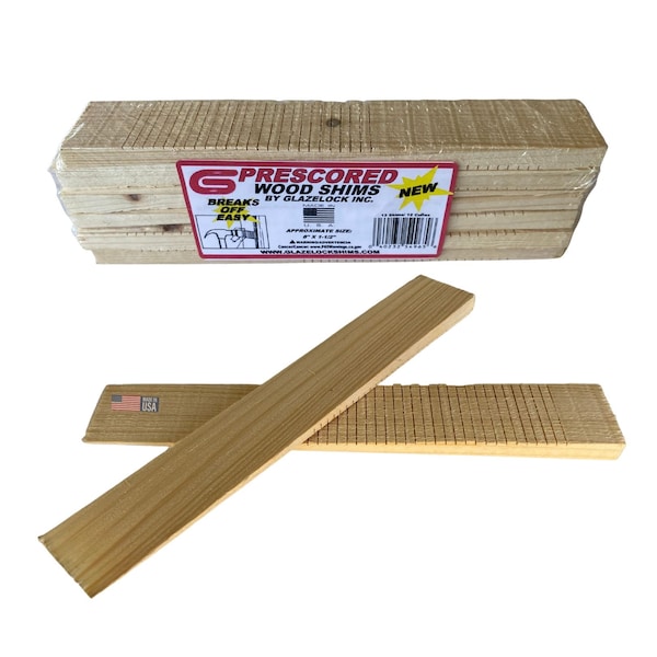 Glazelock 8" x 1-1/4" x 3/8" Prescored Natural Pine Wood Shims (12 Count), Case of 36 Boxes - PS01