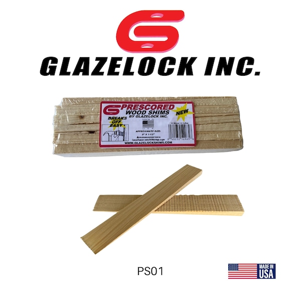 Glazelock 8" x 1-1/4" x 3/8" Prescored Natural Pine Wood Shims (12 Count), Case of 36 Boxes - PS01