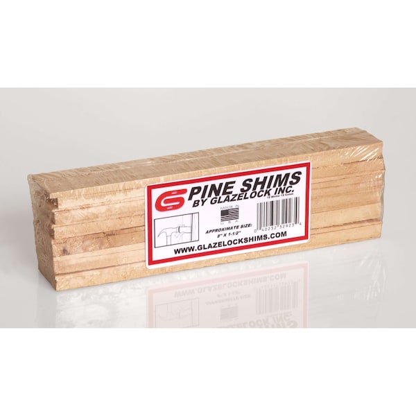 Glazelock 8" x 1-1/4" x 3/8" Natural Pine Wood Shims (12 Count), Case of 36 Boxes - WS01