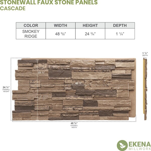 Ekena Millwork 48 5/8"W x 24 3/4"H x 1 1/4"D Cascade Stacked Stone, StoneWall Faux Stone Siding Panel, Smokey Ridge - PNU24X48CASR