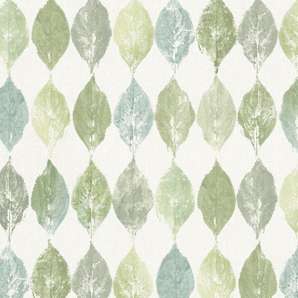 Manhattan Comfort Norwich, Vinyl Fossil Leaf In Greens And Blues Wallpaper, 205 In X 33 Ft = 56 Sq Ft - NORWICH