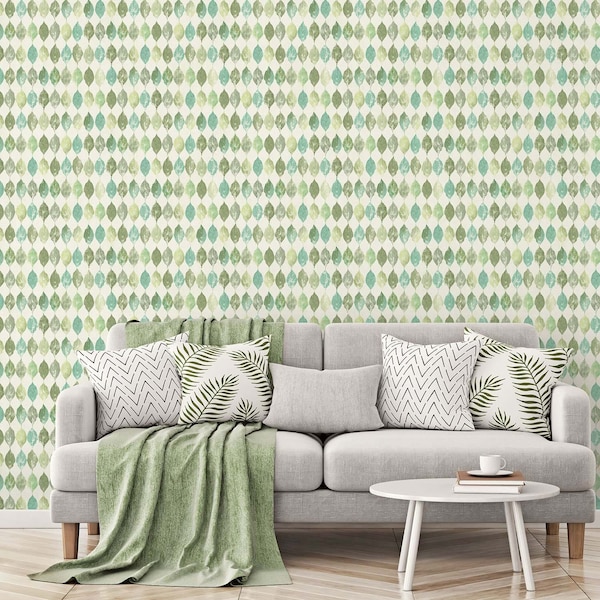 Manhattan Comfort Norwich, Vinyl Fossil Leaf In Greens And Blues Wallpaper, 205 In X 33 Ft = 56 Sq Ft - NORWICH