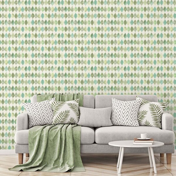 Manhattan Comfort Norwich, Vinyl Fossil Leaf In Greens And Blues Wallpaper, 205 In X 33 Ft = 56 Sq Ft - NORWICH